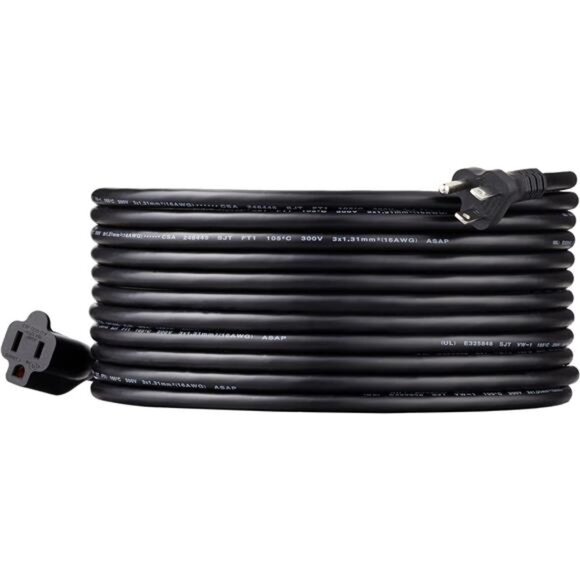 Power Extension Cord, 25 Feet, 13 Amps, 125V, Black